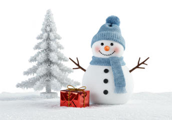 Cute snowman with a blue hat and scarf standing next to a frosted christmas tree and a red gift box, isolated on transparent background