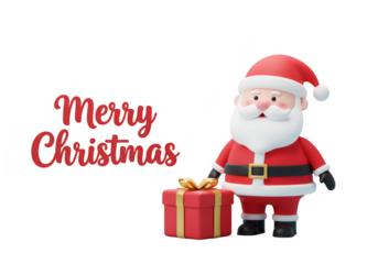 Merry christmas greeting with santa claus holding a red gift box, isolated on transparent background