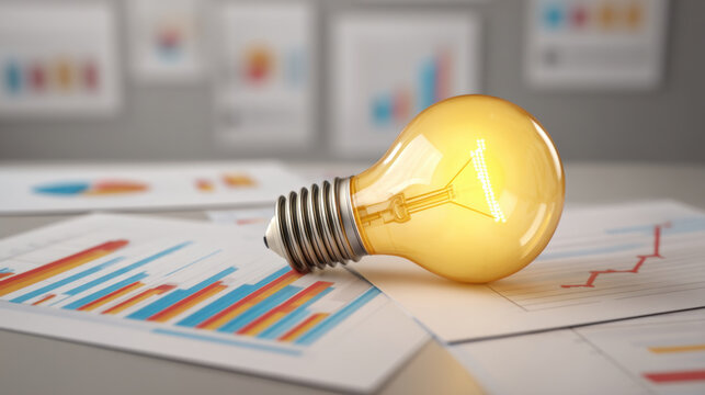 Glowing light bulb rests collection of business charts and graphs, symbolizing innovation and creativity professional environment. warm light contrasts with cool tones of data visuals