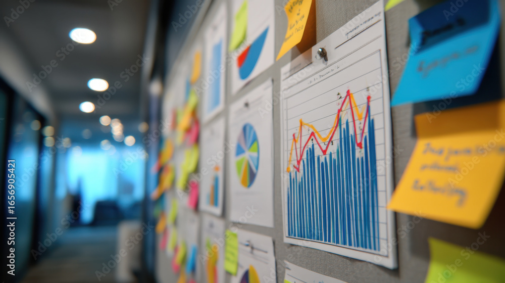 Poster colorful charts and graphs displayed on wall, showcasing data analysis and business performance metr