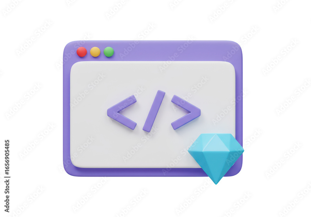 Poster 3d illustration of a computer screen displaying code symbols and a diamond, symbolizing software dev