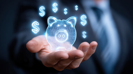 Digital piggy bank with dollar signs, representing savings and financial growth, held in person hand, symbolizing investment and wealth management