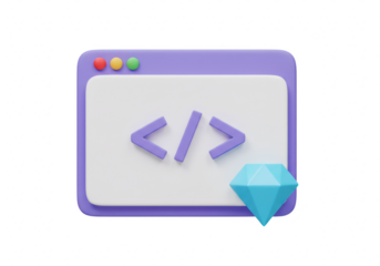 3d illustration of a computer screen displaying code symbols and a diamond, symbolizing software development and technology isolated on transparent background