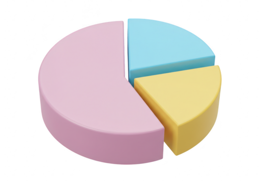 Isolated 3d pie chart with pastel segments on a transparent background, illustrating data and business metrics