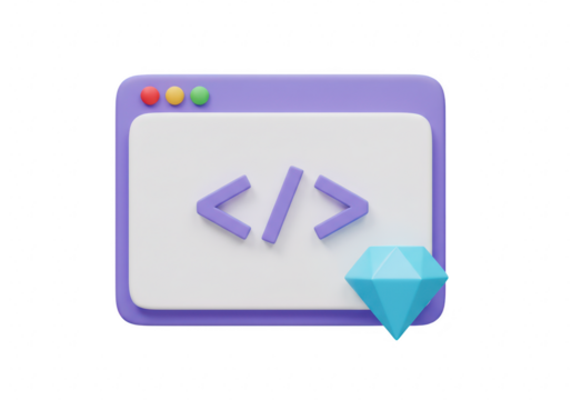 3d illustration of a computer screen displaying code symbols and a diamond, symbolizing software development and technology isolated on transparent background