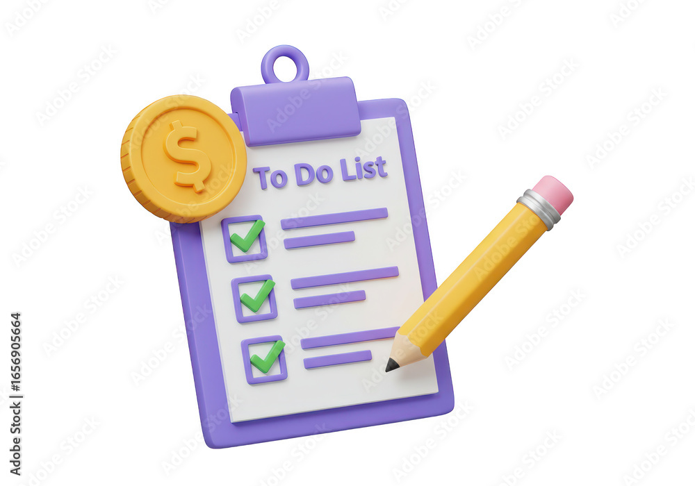 Poster 3d illustration of a todo list clipboard with a coin and pencil, isolated on transparent background