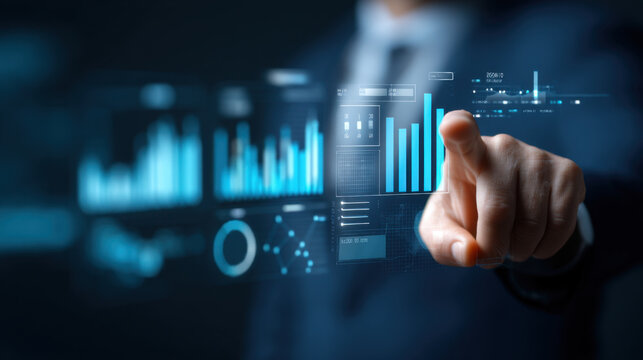 Digital interface technology showcases data visualization and analytics. business professional interacts with holographic graphs and charts, emphasizing innovation and modernity