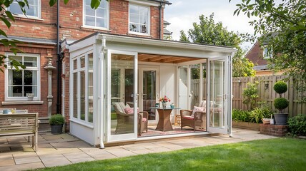 Modern white upvc conservatory attached to a traditional red brick house with a sunny garden patio and lush green lawn