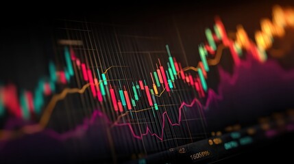 Vibrant financial data displayed on a screen, showcasing a dynamic trend in colorful candlesticks and lines.