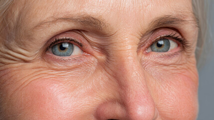 Close up of elderly woman face, showcasing her expressive blue eyes and fine lines around them, reflecting wisdom and experience. soft lighting highlights her natural beauty and character