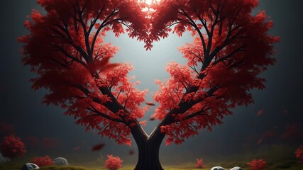 Heart Shaped Red Tree in a Forest on a Lush Green Meadow Under Natural Lighting with a Dreamy and Cinematic Quality