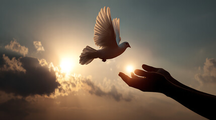 Dove release from open hands at sunset bird