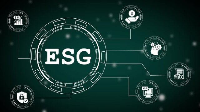 esg - environmental, social, and governance concept animation,corporate esg criteria and business strategy infographic,digital hud display for ethical investment and governance.