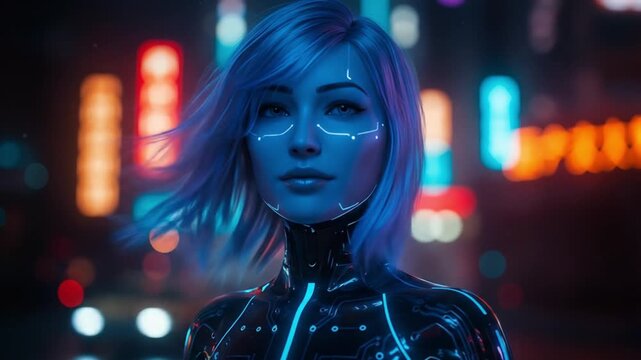 Envisioning tomorrow's digital realm, a stunning ai generated woman emerges with luminous blue features amidst a vibrant, neon-lit urban tapestry.