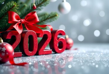 Numbers 2026 with a red bow on a New Year's background with a spruce branch