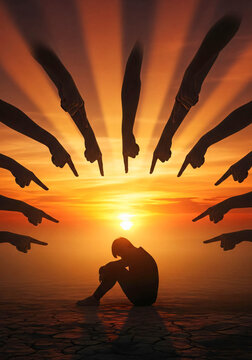 Targeted Sorrow: Silhouette of Despair Under Accusatory Fingers