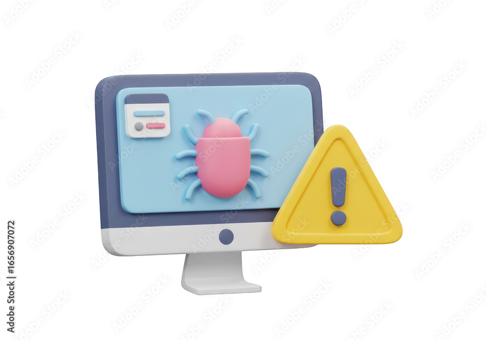 Poster a 3d computer screen displaying a pink bug icon and a yellow warning triangle with an exclamation ma