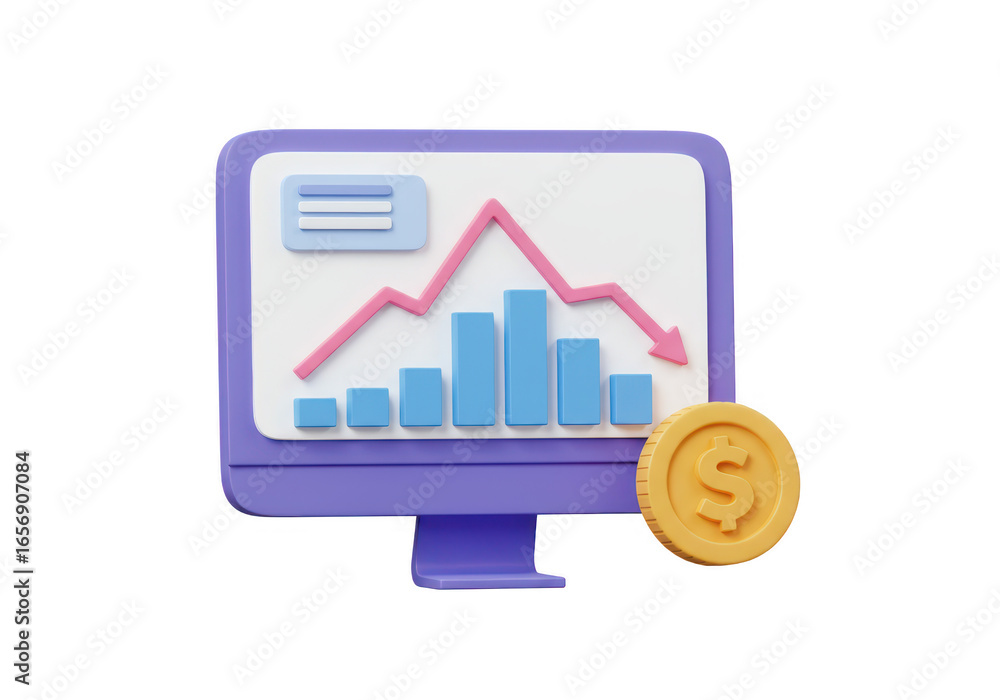 Poster 3d illustration of a computer monitor displaying a financial graph with a downward trend and a gold 