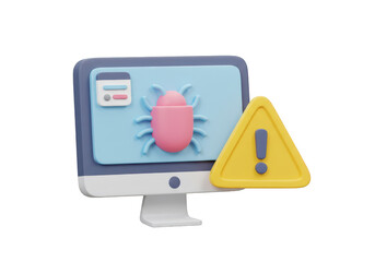 A 3d computer screen displaying a pink bug icon and a yellow warning triangle with an exclamation mark, isolated on transparent background