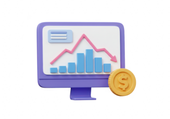 3d illustration of a computer monitor displaying a financial graph with a downward trend and a gold coin, isolated on transparent background