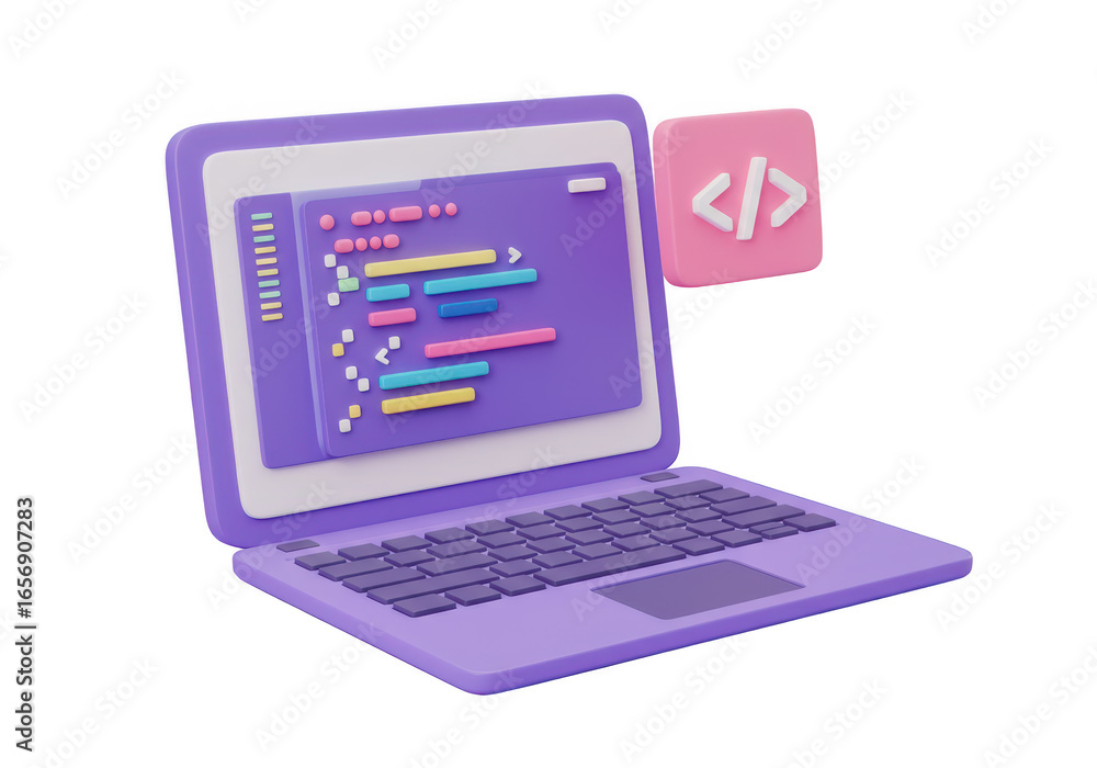 Poster 3d illustration of a laptop displaying code on screen with a pink coding icon, isolated on transpare