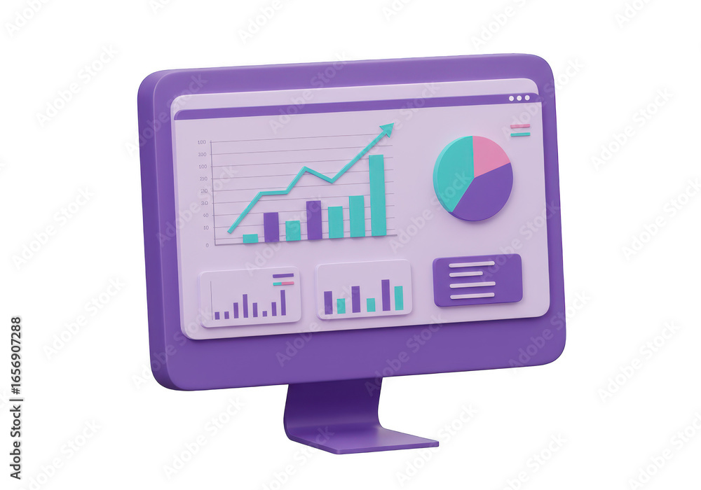 Poster 3d illustration of a computer monitor displaying financial data analytics with graphs and charts, isolated on transparent background