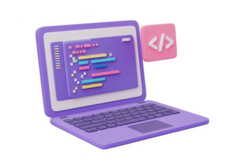 3d illustration of a laptop displaying code on screen with a pink coding icon, isolated on transparent background