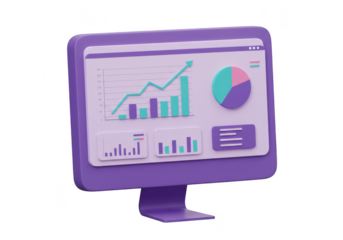 3d illustration of a computer monitor displaying financial data analytics with graphs and charts, isolated on transparent background