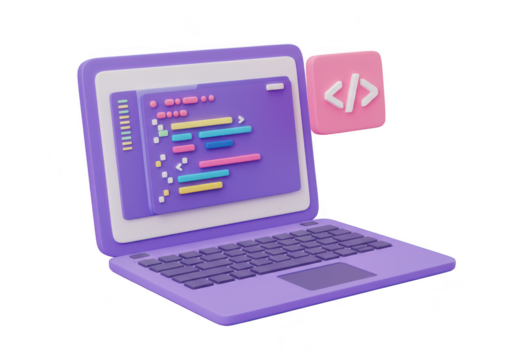 3d illustration of a laptop displaying code on screen with a pink coding icon, isolated on transparent background