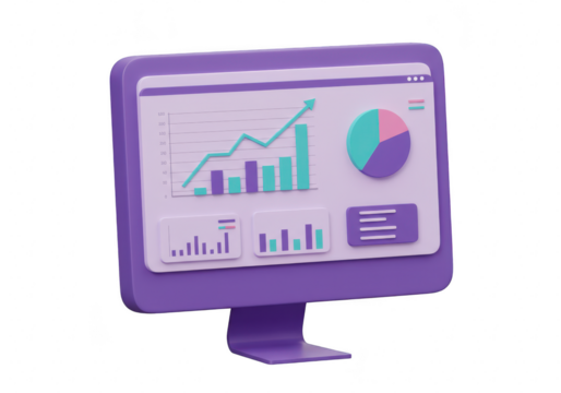 3d illustration of a computer monitor displaying financial data analytics with graphs and charts, isolated on transparent background