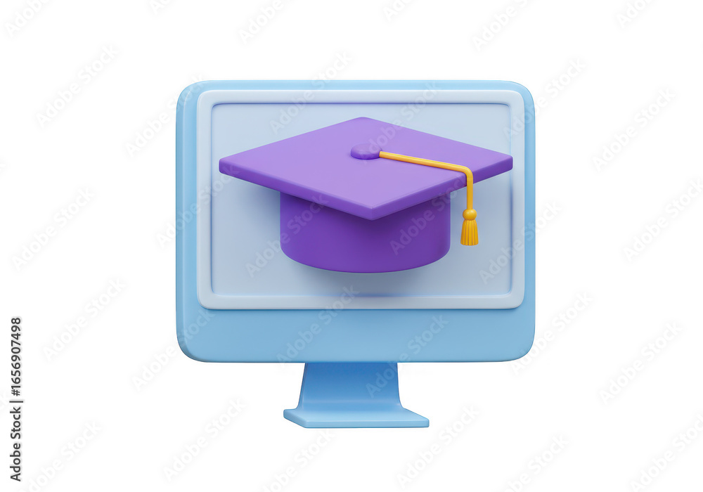 Poster 3d illustration of a computer monitor displaying a graduation cap icon, isolated on transparent back
