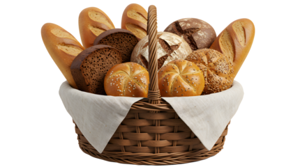 Basket filled with assorted breads and rolls on transparent background