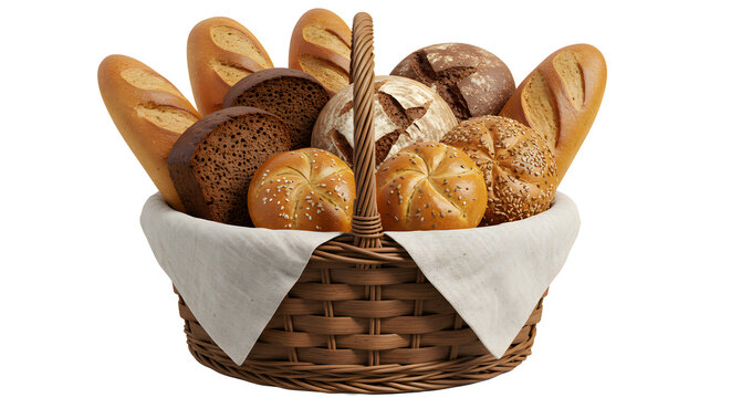 Basket filled with assorted breads and rolls on transparent background