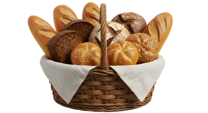 Basket filled with assorted breads and rolls on transparent background