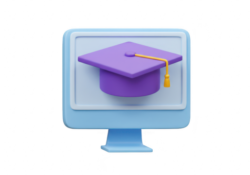 3d illustration of a computer monitor displaying a graduation cap icon, isolated on transparent background