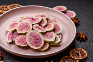 Dried sublimated fig slices as an ingredient for sweet desserts. Dried figs