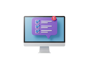 3d render of a computer monitor showing a notification bubble with a checklist and a count of one, representing online communication and task management, isolated on transparent background