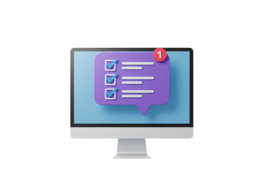3d render of a computer monitor showing a notification bubble with a checklist and a count of one, representing online communication and task management, isolated on transparent background