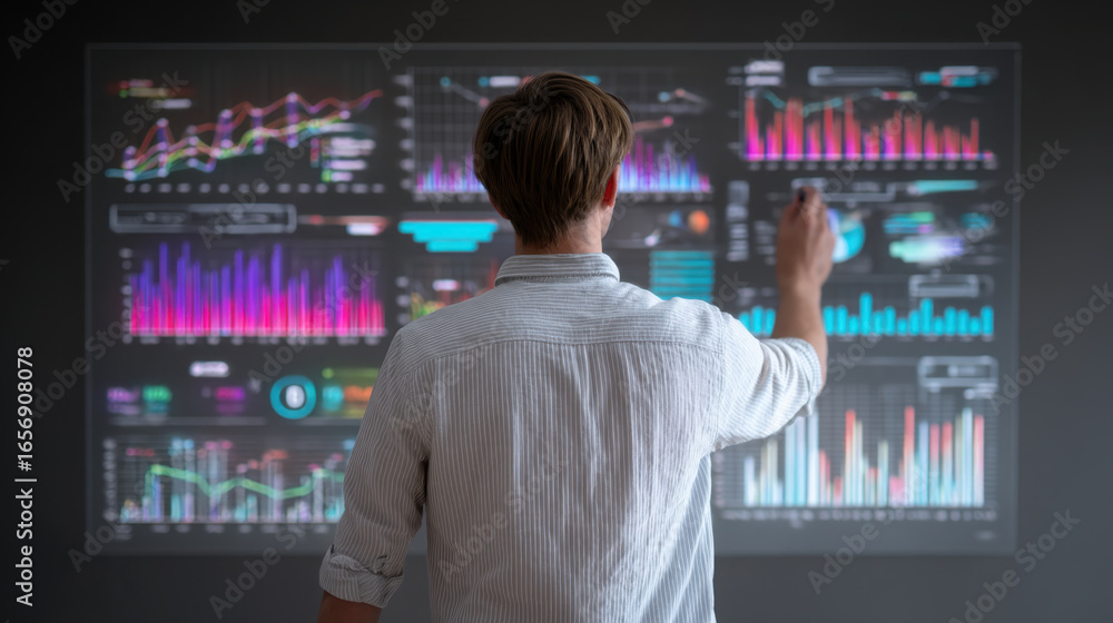 Poster data analyst interacts with digital graphs and charts on touchscreen display, showcasing vibrant col