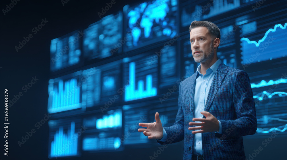Poster Professional man stands confidently front of digital display showcasing various data visualizations and graphs. atmosphere conveys sense of innovation and technology, emphasizing importance