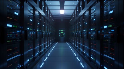 Futuristic dark server room corridor with glowing blue lights and rows of computer racks creating a sense of advanced technology and data processing