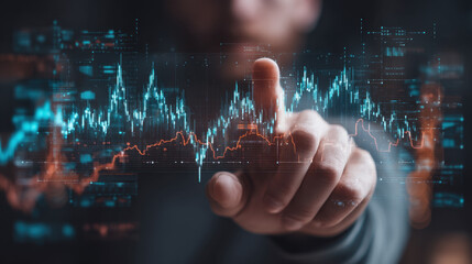 Digital data visualization financial analysis stock market technology analytics business investment graphs trends futuristic touchscreen finance data statistics growth performance metrics