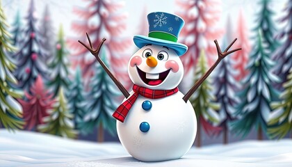 Adorable smiling snowman outdoors on winter day.