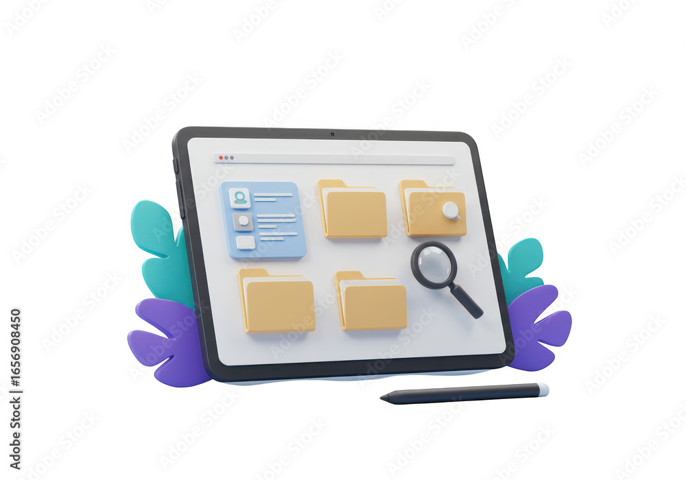 Poster 3d illustration of a tablet displaying a file management system with folders, a magnifying glass, an