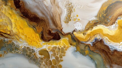 A captivating abstract artwork showcases a dynamic interplay of golden yellow, muted brown, and off-white tones, with swirls and bubbles creating a mesmerizing pattern.
