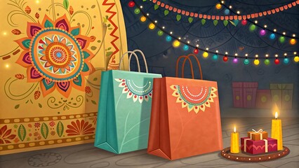 Festive gift bags and diwali decorations with candles and lights