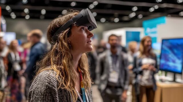 Focused medium shot of an attendee interacting with a stress relief app demo while the diverse expo hall background and other booths fade gently out of focus.