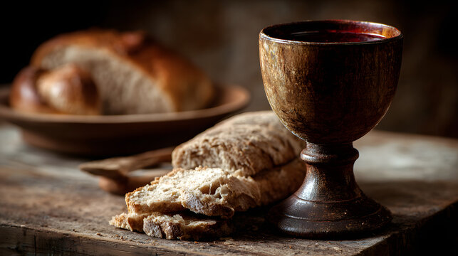 A rustic ceramic chalice filled with wine rests on a wooden altar next to broken bread