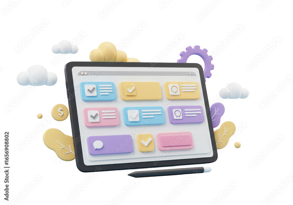 Poster 3d illustration of a tablet displaying a colorful user interface with various elements, isolated on 