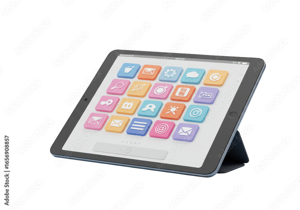 Poster 3d illustration of a tablet with a grid of colorful app icons on its screen, isolated on transparent